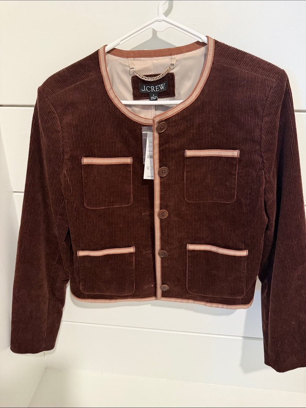 J. Crew Chocolate Brown Corduroy Jacket with Blush Trim